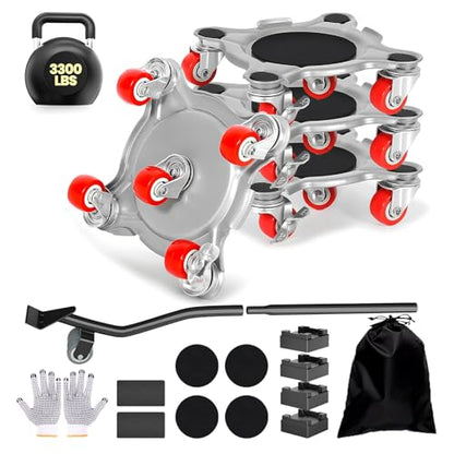 3300 lbs Load Capacity-Furniture Dolly, Carbon Steel Panel Furniture Movers with 5 Wheels, Locking 360° Swivel Rubber Casters, Furniture Lifter, Heavy Duty Furniture Sliders, Easily Move Furniture - color: Red Wheel