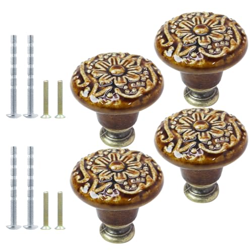 4pcs Brown Ceramic Cabinet Knobs, Vintage Kitchen & Retro Dresser Knobs, Decorative Drawer Pulls for Closet, Cupboard & Furniture Doors - color: Brown, size: 4pcs-1.3 Inch