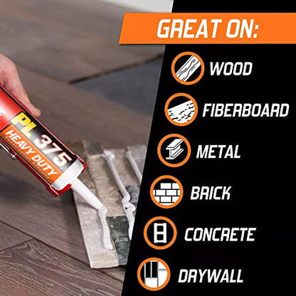 Loctite PL375 VOC Heavy Duty Construction Adhesive, Versatile Construction Glue for Wood, Fiberboard, Drywall & More - 10 fl oz Cartridge, Pack of 1
