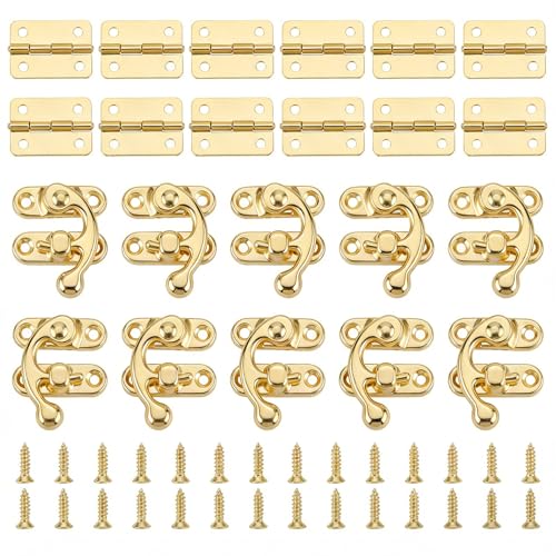 10 Set Small Hinges for Wooden Box Retro Jewelry Box Hinges and Latch with 68 Screws and 12 Pcs Hinge Vintage Style Mini Hinge for Crafts Latch Hook Tool for Decorative Cabinet Small Wooden Gold