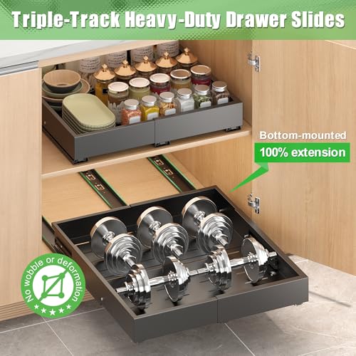 1 Pcs Pull Out Drawers for Cabinets Organizer Expandable Width(11.8"-19.4"), Depth(16.45"-21.7") With 3 Rails, No Drill Roll Out Drawer, Adhesive Sliding Drawers (Black) - color: Black