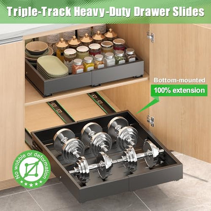 1 Pcs Pull Out Drawers for Cabinets Organizer Expandable Width(11.8"-19.4"), Depth(16.45"-21.7") With 3 Rails, No Drill Roll Out Drawer, Adhesive Sliding Drawers (Black) - color: Black