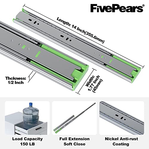 FivePears 1 Pairs 14 Inch Heavy Duty Soft Close Drawer Slides, 150 Lb Load Capacity Full Extension Ball Bearing Side Mount Drawer Runner, Rv Tool Box Kitchen Cabinet Drawer Self Closing Glide Rails - size: 14 Inch