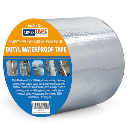 ADHES Upgrade Butyl Tape Waterproof Tape, 1.2mm Thick, 4 inch x 16 feet, Aluminum Foil Tape Butyl Sealant Tape for RV Repair, Window, Boat and Pipe Sealing, Glass & EDPM Rubber Roof Patching, Silver - size: 100mm x 5m