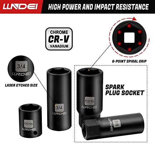 LLNDEI 3/8”Drive Impact Socket Set,Standard SAE(5/16 to 3/4-Inch) Metric Size(8-22mm), 95 Piece, CR-V Steel Deep&Shallow Kit, Adapters, Ratchet Handle, Screwdriver Bit Set, Spark Plug Socket, 6 Point - size: 95-Piece 3/8" Drive Impact Socket Set