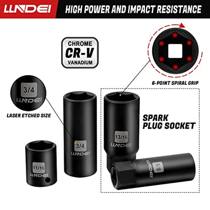 LLNDEI 3/8”Drive Impact Socket Set,Standard SAE(5/16 to 3/4-Inch) Metric Size(8-22mm), 95 Piece, CR-V Steel Deep&Shallow Kit, Adapters, Ratchet Handle, Screwdriver Bit Set, Spark Plug Socket, 6 Point - size: 95-Piece 3/8" Drive Impact Socket Set