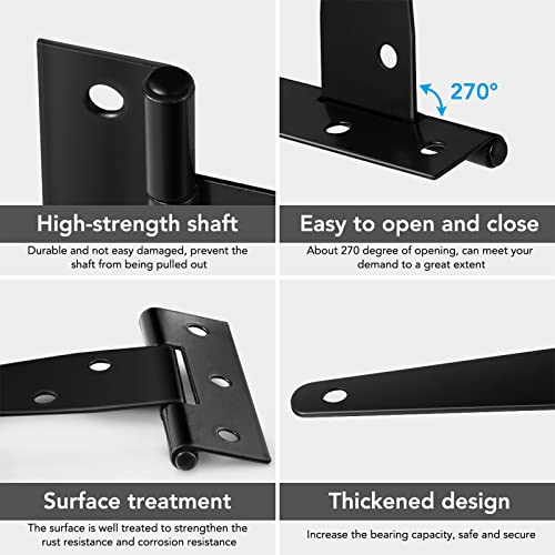 Barn Gate Latch Door Tee Hinge Hardware Kit, 2 Pack Barn Flip Latch Lock and 4 Pack 4inch T-Strap Gate Hinges,Black Finish Gate for Wood Vinyl Fence Gate Shed Door,Farm,Garden，Gate,Closet Door