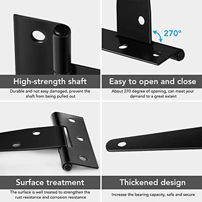Barn Gate Latch Door Tee Hinge Hardware Kit, 2 Pack Barn Flip Latch Lock and 4 Pack 4inch T-Strap Gate Hinges,Black Finish Gate for Wood Vinyl Fence Gate Shed Door,Farm,Garden，Gate,Closet Door