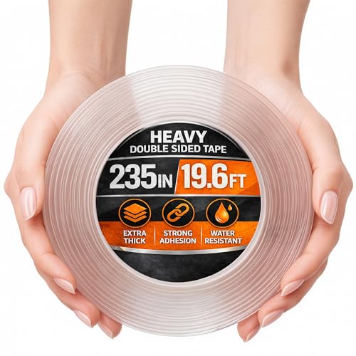 1.18" X 235" Heavy Duty Clear Double Sided Tape – Strong Double Sided Adhesive Tape – Wall Decoration, DIY, Office and Home Projects, No Tools Needed | Works on Tile, Glass, Wood, Metal, and Plastic - size: 19.6 ft × 1.18 in
