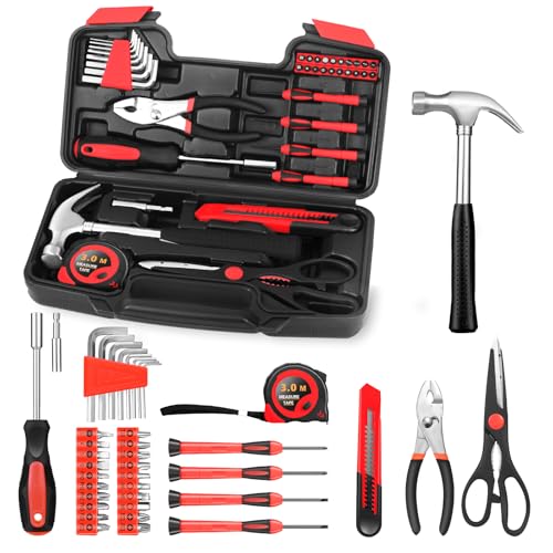 39-Piece Household Tool Set with Toolbox Storage Case - All Purpose Small Hand Tool Kit Includes Essential Tools for Home, Office, College Repairs, Red - color: Red