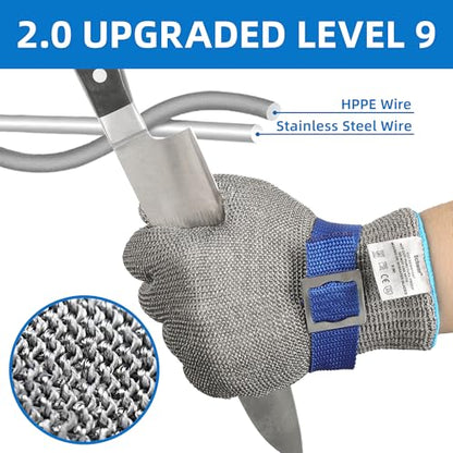 Schwer ANSI A9 Cut Resistant Glove, Food Grade Stainless Steel wire Mesh Metal Gloves, Knife Cutting Gloves for kitchen Mandoline Slicing Butcher Meat Cutting Oyster Shucking Fish Fillet（L, 1 PCS） - size: Large (Pack of 1), style: 2.0 Steel Wire+hppe