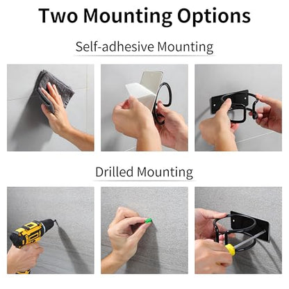 YIGII Universal Hair Dryer Holder Wall Mounted, Self Adhesive Blow Dryer Hanger Compatible with Most Hair Dryers, Stainless Steel Hairdryer Holder Rack for Bathroom Cabinet (Black) - color: Matte Black