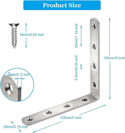 4 Pack Flat Mending Plate for Wood, Stainless Steel Straight Brackets Flat Repair Fixing Wood Brace Joining Plates Connector with Fixing Screws (8, L-Shaped Bracket 5 * 5in) - size: L-Shaped Bracket 5*5 in