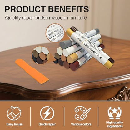 Wood Filler Sticks,12colors Wood Wax Crayons for Repairing Scratches, Scuffs, Cracks, and Nail Holes on Wood Furniture, Floors, Cabinets, Tables, and Doors