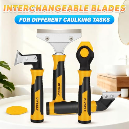 DIYSELF Caulking Tool, 4 in 1 Caulk Remover Tool for Bathroom, Bathtub, Grout, Shower, Tile, Window, Razor Scraper Tool for Cleaning, Silicone Caulk Removal Tool (Yellow) - color: Yellow