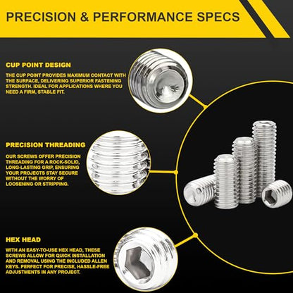 Set Screws Assortment Kit (M3, M4, M5, M6, M8) with Allen Keys – Durable 240 Pcs Metric Cup Point 304 Stainless Steel for Bathroom Fixtures, Door Knobs, Faucets, Plumbing, and More