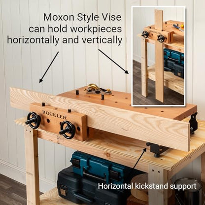 Rockler Handy Bench Portable Woodworking Workbench with Moxon Vise - 16x32 Solid Beech Benchtop, 4x4 Dog Hole Grid - Adjustable Steel Base Brackets, Compact Work Table for Garage or Shop