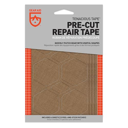 GEAR AID Tenacious Tape Repair Patches – Peel-and-Stick Nylon Gear Patches for Jackets, Tents, Sleeping Bags, Backpacks, and Outdoor Gear – Fix Rips, Tears, and Holes, 19 Various Sizes, Coyote - style: 19 Pre-cut Assorted Patches, Coyote