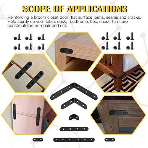 24 Sets Black Corner Braces L Brackets and Straight Braces Mending Plates Heavy Duty Assortment Kit with Screws Fasteners for Wood Shelf Chair Cabinet Furniture (20/50/100mm,40/100/160mm)