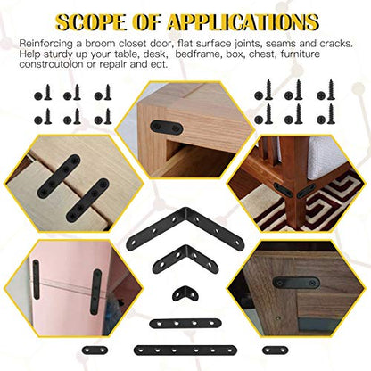 24 Sets Black Corner Braces L Brackets and Straight Braces Mending Plates Heavy Duty Assortment Kit with Screws Fasteners for Wood Shelf Chair Cabinet Furniture (20/50/100mm,40/100/160mm)