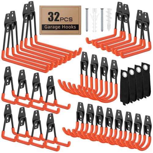 32 Pack Garage Hooks with Anti-Slip Coating Heavy Duty Wall Mount Hooks for Garage Storage and Hanging Hoses Bike Garden Tools Ropes etc - color: 32 Pack Orange