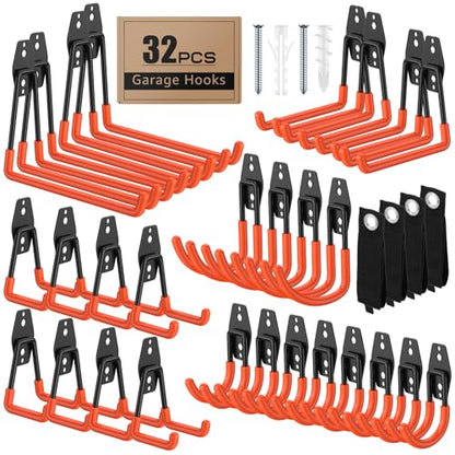 32 Pack Garage Hooks with Anti-Slip Coating Heavy Duty Wall Mount Hooks for Garage Storage and Hanging Hoses Bike Garden Tools Ropes etc - color: 32 Pack Orange