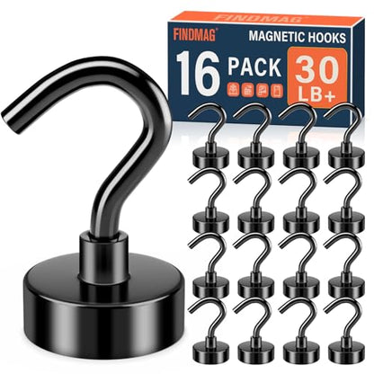 FINDMAG Black Magnetic Hooks, 28lbs Heavy Duty Magnets with Hooks, Strong Cruise Magnets, N52 Neodymium Magnetic Hooks for Cruise Cabins, Travel, Classroom, Office, Kitchen, Fridge, Grill, Pack of 16 - color: Black, size: 16Pack 30LBS+