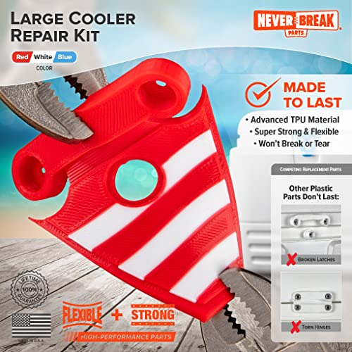 NeverBreak Parts - Igloo Cooler Replacement Parts - Large Repair Kit | High Strength Igloo Cooler Hinges Replacement with Latches | Ice Chest Repair Kit - color: White with Stars and Stripes