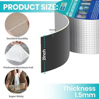 ADHES Extra Thick Butyl Tape 2 Inch x 16 Feet x 1.5mm – 50% Thicker for Superior Waterproof Sealing – Weatherproof Butyl Sealant Tape for RV Repairs, Roof Leaks, Window Seals, Pipe Seals, and More - size: 2 Inch
