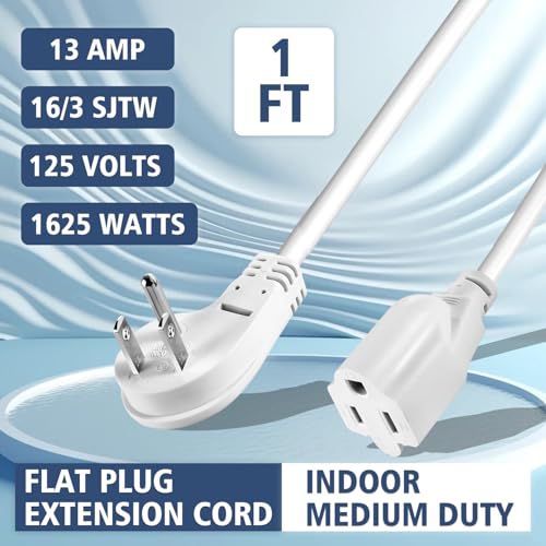 1875W Short Extension Cord,15A 14AWG Low Profile Flat Plug Heavy Duty Extension Cord Outlet Saver 3-Prong Grounded Power Extension Cable (White 3 Feet) - size: White 3 feet