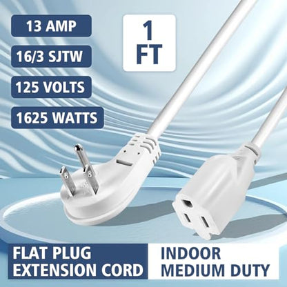 1875W Short Extension Cord,15A 14AWG Low Profile Flat Plug Heavy Duty Extension Cord Outlet Saver 3-Prong Grounded Power Extension Cable (White 3 Feet) - size: White 3 feet