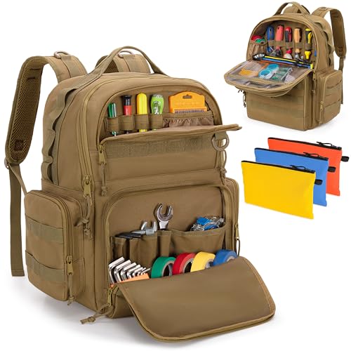 Rexmica Tool Bag Backpack for Men with 3 Tool Pouches, Heavy-Duty Tool Storage Organizer Bag with Padded Shoulder & Waist Support, Tactical Work Tool Bag for Electrician, Repairman, HVAC Techs, Khaki - color: Khaki
