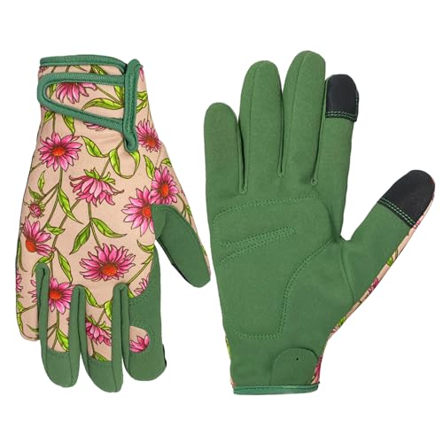 Gardening Gloves for Women, Garden Gloves with Touch Screen, Thorn Proof Puncture Resistant Working Gloves, Gardening Gifts for Women (Green with Pink Flowers, Medium) - color: Green With Pink Flowers, size: Medium