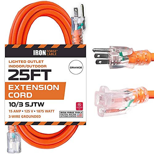 Iron Forge Cable Lighted Outdoor Extension Cord 25 Ft - 10 Gauge Heavy Duty Extension Cord, 15 AMP, 10/3 Orange Power Cable SJTW Weatherproof 3 Prong - color: Orange, size: 25 Foot