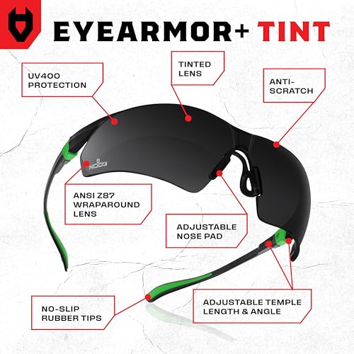NoCry Safety Sunglasses with Green Tinted Wraparound Lenses; Tinted Safety Glasses for Men and Women with Adjustable Arms & No-Slip Grips; Work Glasses with UV 400 Protection; ANSI Z87.1 Rated - color: Black & Green