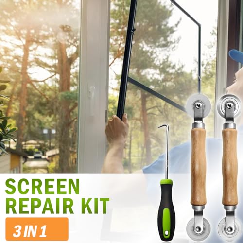 Screen Repair kit, Screen Roller Tool, Steel/Nylon Roller with Bear+Removal Hook, 3 in 1 Window Screen Door Repair Kit,for Installing Door Window Mesh - size: Steel/Nylon Rollers+Pick