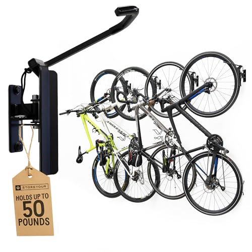 StoreYourBoard Bike Hangers for Garage | Garage Bike Rack Wall Mount, Vertical Bicycle Rack for Garage | 124° Swivel Bike Wall Mount with Stopper, Holds 50lbs, Fits All Wheel Diameters, Max 2.6” Tires - color: BLACK, size: 4 Pack Heavy Duty Swivel Bike Ra