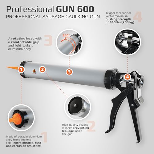 DCP Professional Gun 600 Sausage Caulk Gun 20 oz. - Manual Polyurethane & Silicone Gun for Sausage Sealants - 18:1 Thrust Ratio Application Tool with Comfortable Grip