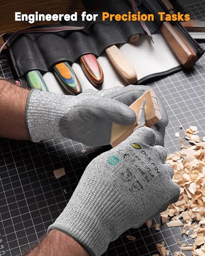 DULFINE ANSI A3 Cut Resistant Work Gloves for Men and Women, PU Coated,Ideal for Woodworking, Glass Cutting, Construction - size: Medium