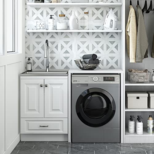 SIMPLIHOME Lawrence All-in-One 24 inch Wide Utility Sink and Laundry Cabinet in Pure White Finish, Transitional Stainless Steel Sink Cabinet for Laundry Rooms with High-Arch Brushed Nickel Faucet - size: 24 inch