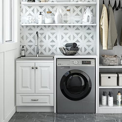 SIMPLIHOME Lawrence All-in-One 24 inch Wide Utility Sink and Laundry Cabinet in Pure White Finish, Transitional Stainless Steel Sink Cabinet for Laundry Rooms with High-Arch Brushed Nickel Faucet - size: 24 inch