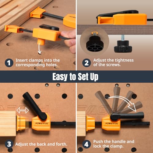 POWERTEC MT4006C Portable Workbench w/Bench Dogs & Clamps | Folding Sawhorse Worktable w/4 Bench Dogs & 2 Quick Release Bench Dog Clamps, Imprinted Ruler and Protractor Scale for Woodworking Projects