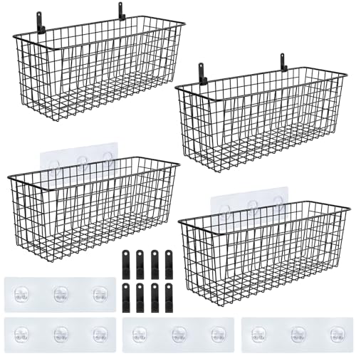 [EXTRA LARGE] Hanging Wall Mount Storage Baskets with Adhesive Hooks & Steel Hooks,Multiuse Sturdy Wire Metal Organizing Baskets for Kitchen Bathroom Pantry Utility Organizer,Black,4 Count (Pack of 6) - size: Extra Large (Pack of 6)