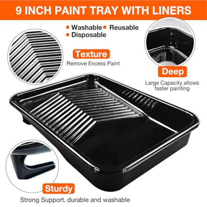 13 Pcs Paint Tray Set, Paint Brush, Paint Tray, 9" & 4" Paint Roller Covers and Wire Roller Frame, Can Opener, House Painting Supplies for Indoor and Outdoor Painting Walls, Ceilings, Trim - color: 13 Pack, 9" Paint Trays
