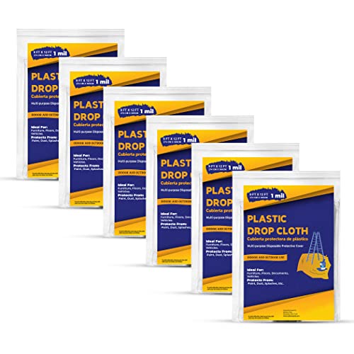 Drop Cloth Painters Plastic Sheeting - Plastic Drop Cloths for Painting, 9 x 12 Feet Paint Drop Cloth Tarp, Clear Plastic Tarp Cover, 1 Mil Thick Plastic Sheeting, Ideal for Multi-Purpose Use (6 Pack) - color: 6 Pack, size: 1 Mil