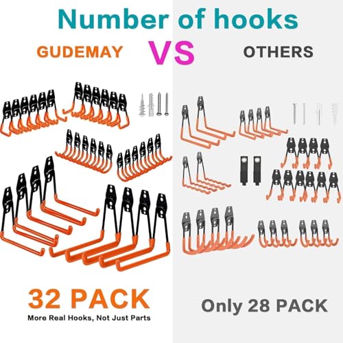 Steel Garage Storage Hooks - 32 Pack Anti-Slip Coating, Heavy Duty Wall Mount Wall Hooks for Hanging Bike, Ladder, Garden Tools, Power Tools, Bulk Items Ropes, Utility Garage Organization Housolution - size: 32pcs - Orange