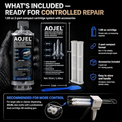 Metal Epoxy, 2-Part Structural Repair Adhesive for Metal & Aluminum Repair, Load-Bearing, Waterproof, Heat Resistant to 392°F, Drillable After Cure, 1.69 oz