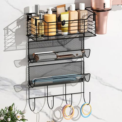VITVITI Metal Hair Tool Organizer Wall Mount, Hair Dryer Holder with 3 Tier Shelf Basket Hooks, Bathroom Hair Styling Tool Organizer for Curling Iron/Blow Dryer/Straightener, Matte Black - color: 4 Tiers Black