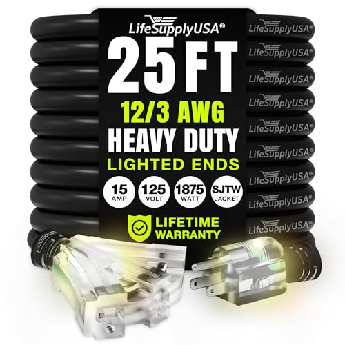 25ft Outdoor/Indoor Extension Cord 3-Outlet 12/3 Gauge Extra Heavy Duty 3 Prong SJTW, Waterproof, Flexible Cold-Resistant Long Power Cord,15A 125V 1875W, Black by LifeSupplyUSA - color: Black, size: 25FT