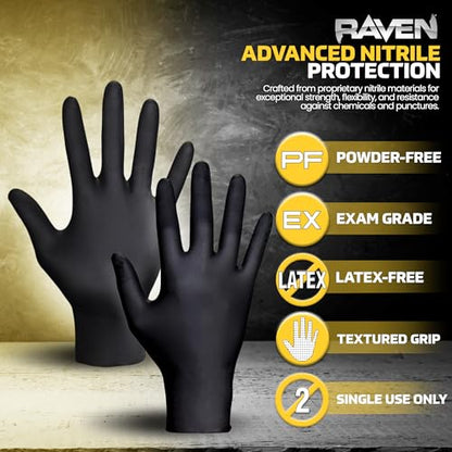 Raven Powder Free Nitrile Disposable Gloves 7 Mil - XL Latex Free, Chemical + Puncture Resistant, Textured Grip, Single Use for Automotive, Industrial, Janitorial, MRO, Food Service 66519 - size: X-Large, style: Nitrile Disposable